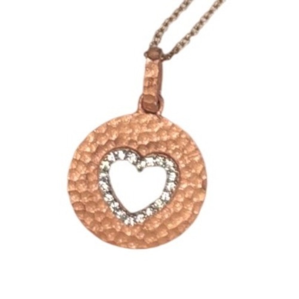 Rose Gold Tone Hammered Disc Heart Charm Necklace Pave CZ